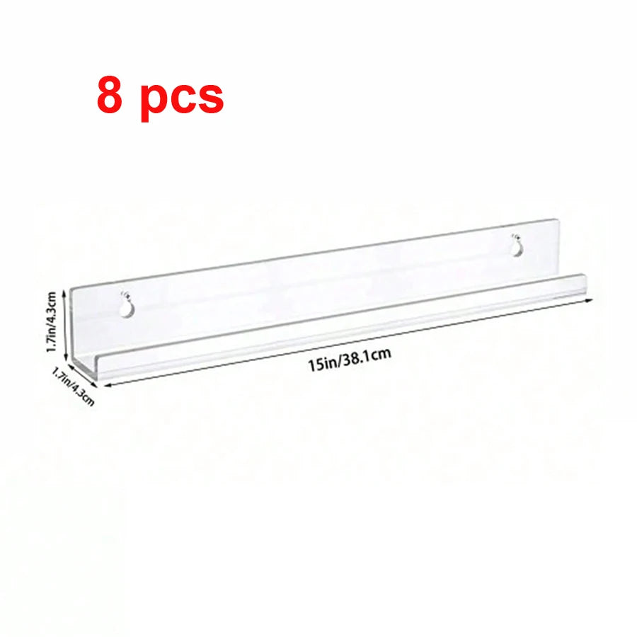 Eight clear acrylic floating record shelves, measuring 1.7 inches thick and 15 inches long.