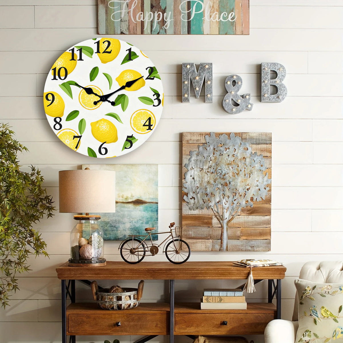A wooden lemon and leaf wall clock with a silent quartz design hanging on a white wall.