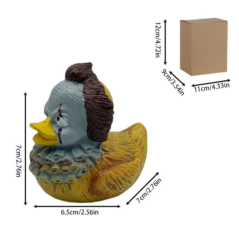 A resin figurine of a duck with a spooky appearance, featuring gray and yellow colors.
