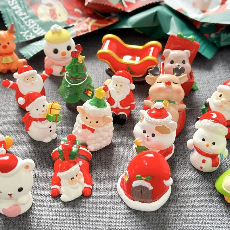 A collection of festive Santa Claus and snowman figurines for Christmas decor arranged on a dark surface.