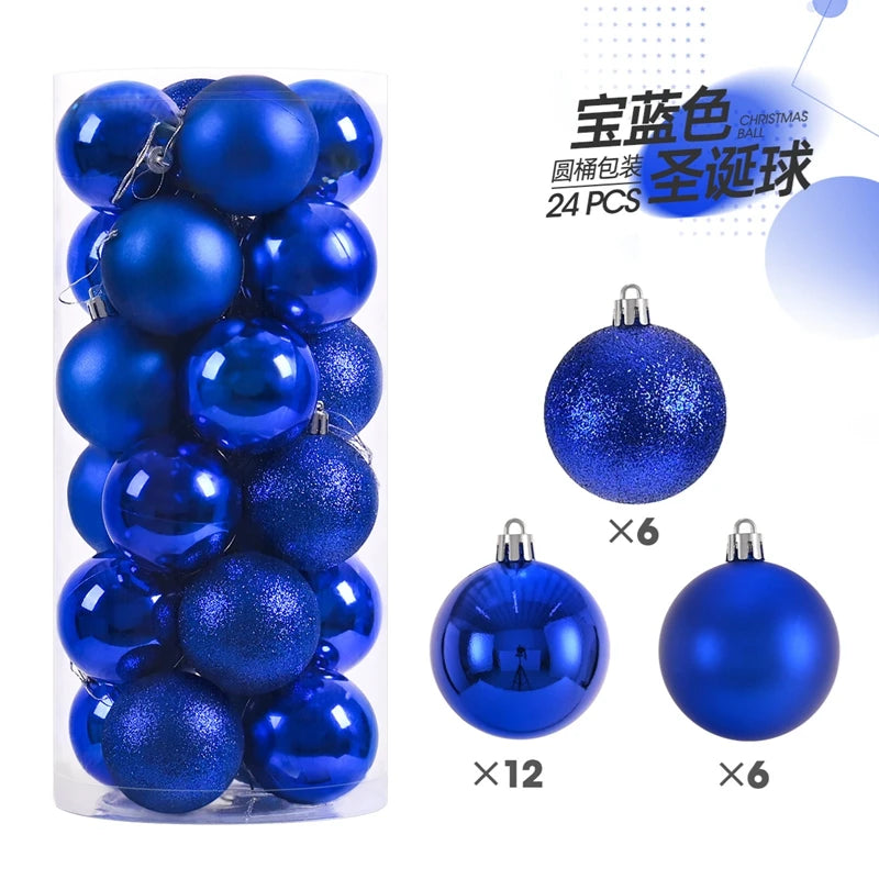 A set of 24 blue glitter Christmas baubles for holiday tree and decor.