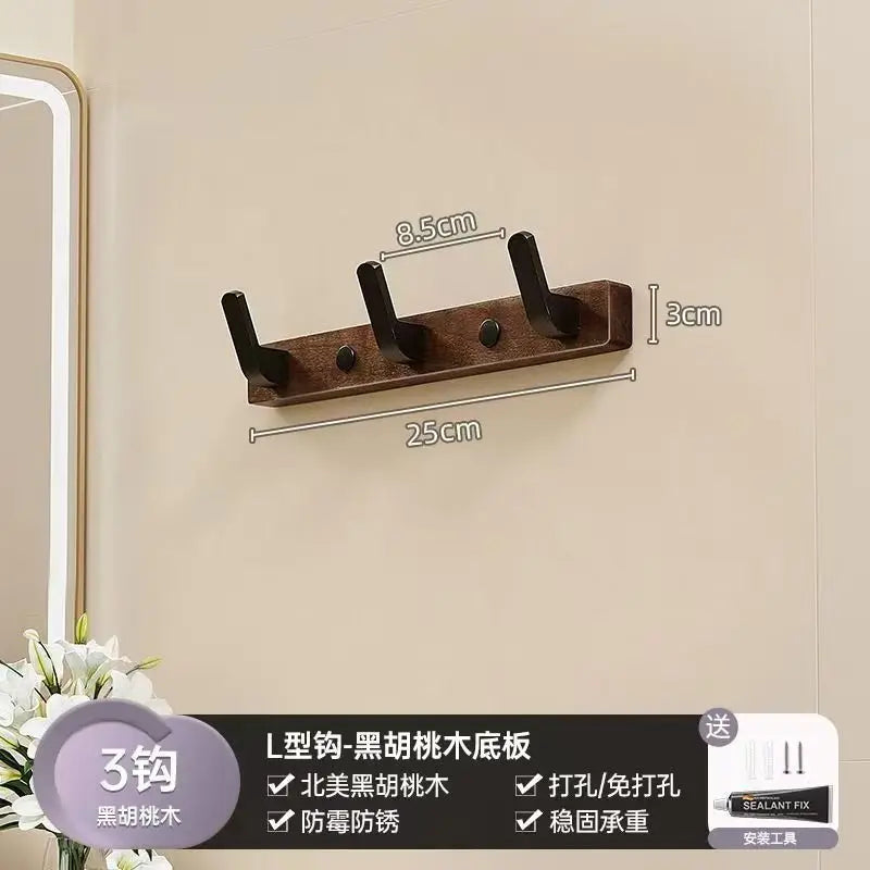 Walnut wood coat rack with 8 hooks and storage shelf mounted on a wall