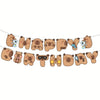 A line of capybara-themed decorations featuring stuffed animals and foil balloons.