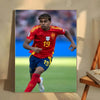 A photo of Lamine Yamal in a red and yellow soccer uniform playing on a field.