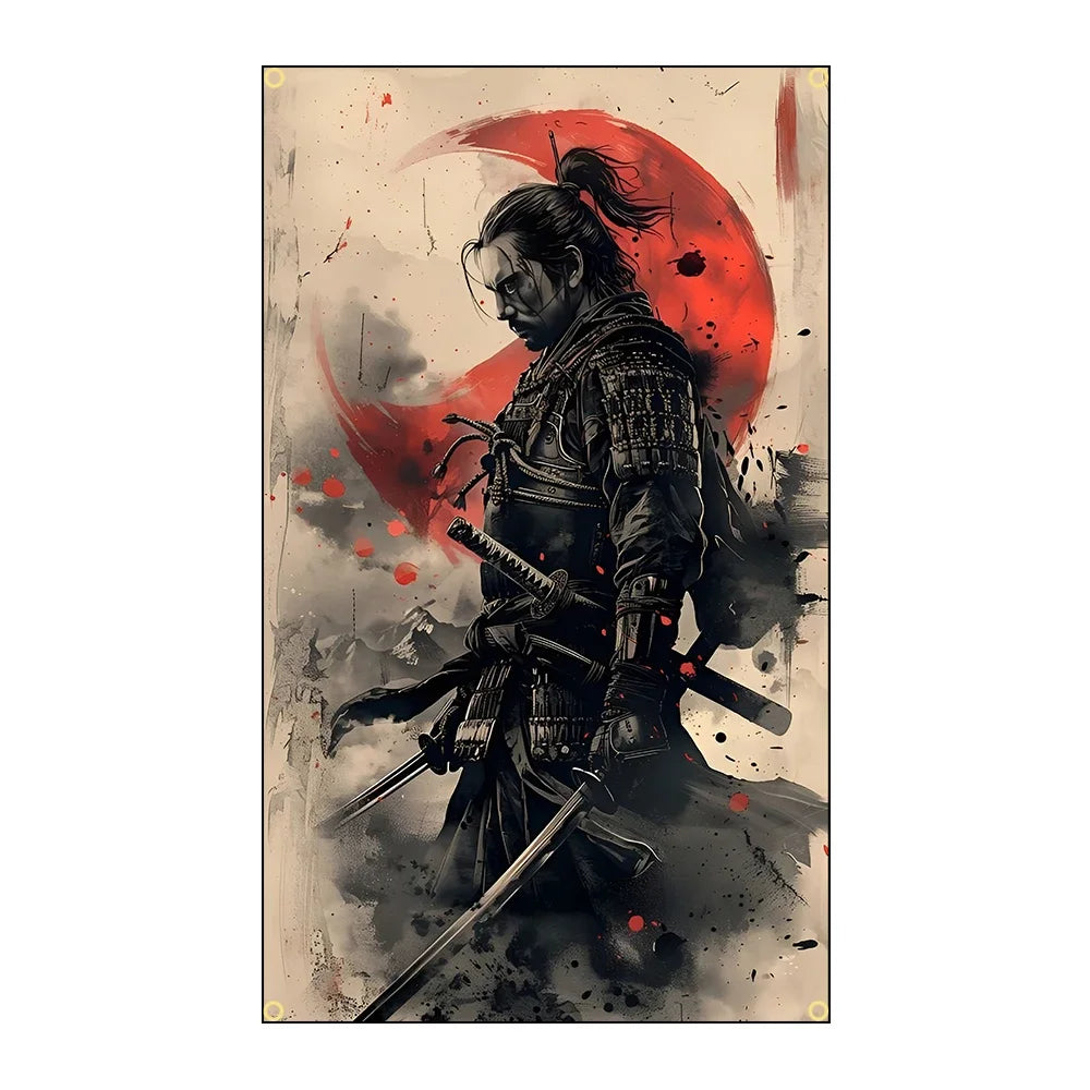 A dramatic ink painting of a samurai warrior with a fierce red sun background and sword.