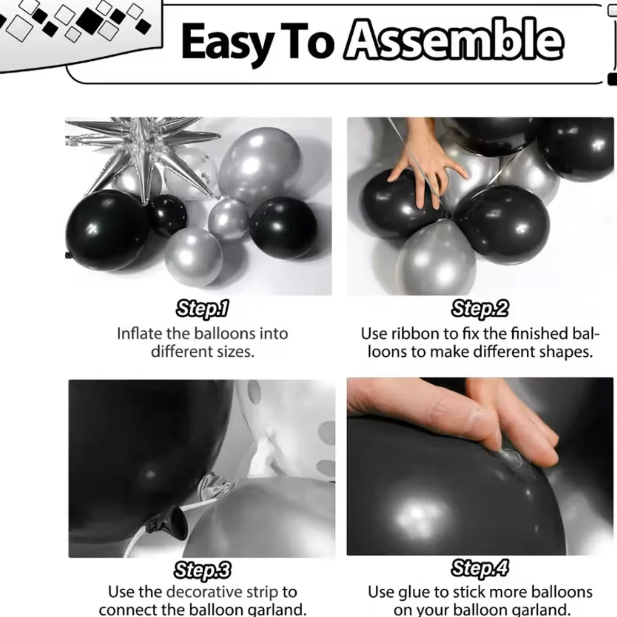 Step-by-step instructions showing how to assemble balloons into shapes for a decor kit.