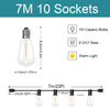 A string of 10 LED light sockets with E12/C7 bases and warm light bulbs for outdoor decoration