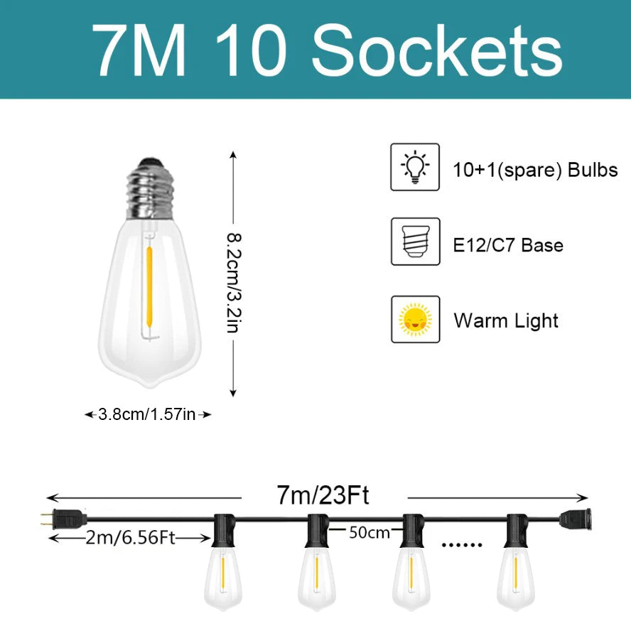 A string of 10 LED light sockets with E12/C7 bases and warm light bulbs for outdoor decoration