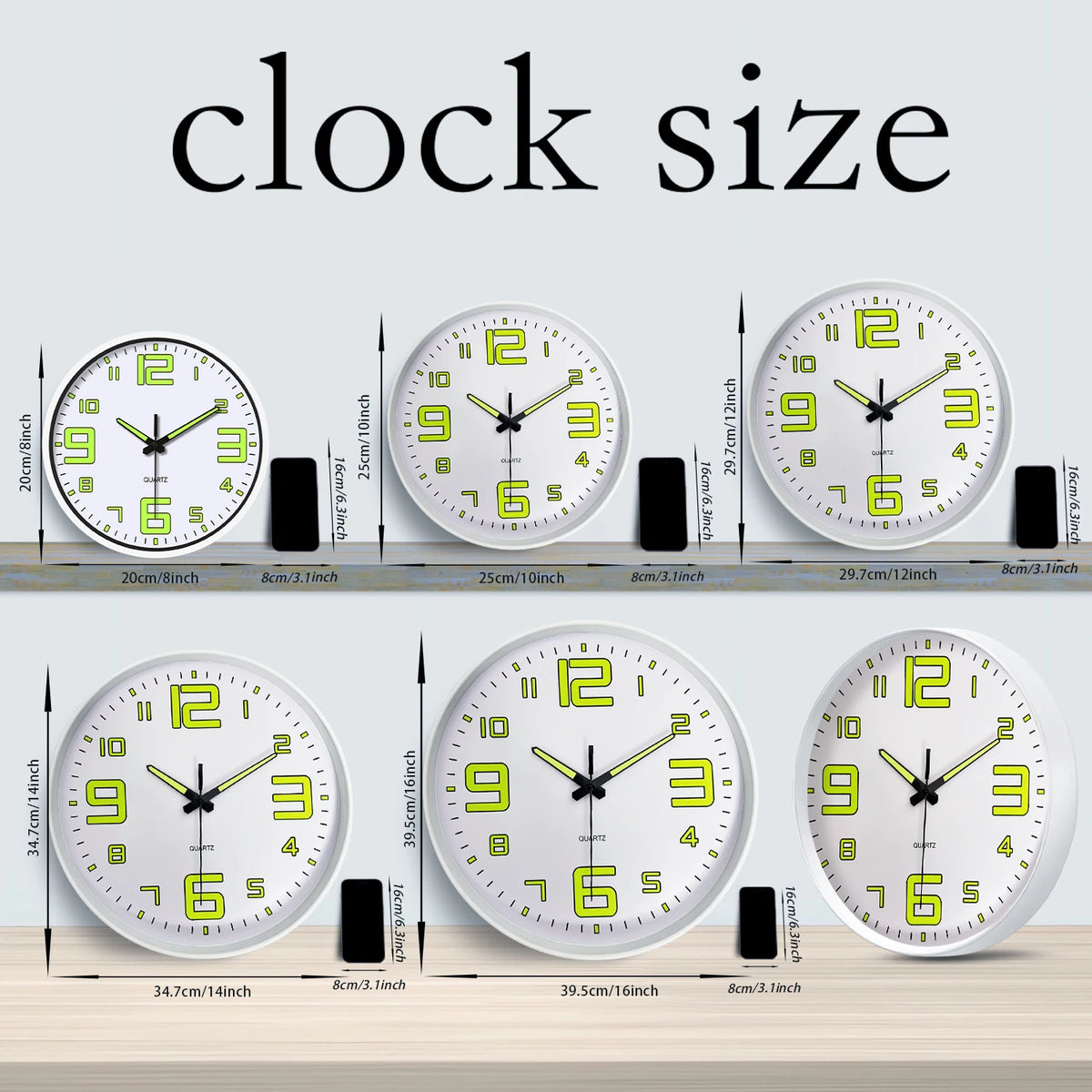Présentation de diverses tailles d'horloges, allant de petites à grandes, avec différents designs et couleurs.