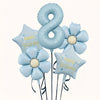 A set of light blue foil balloons shaped like the number eight and flowers for a birthday celebration