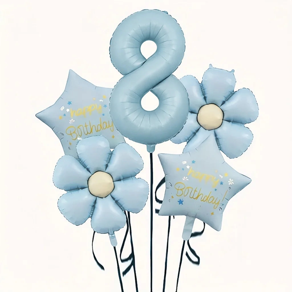 A set of light blue foil balloons shaped like the number eight and flowers for a birthday celebration
