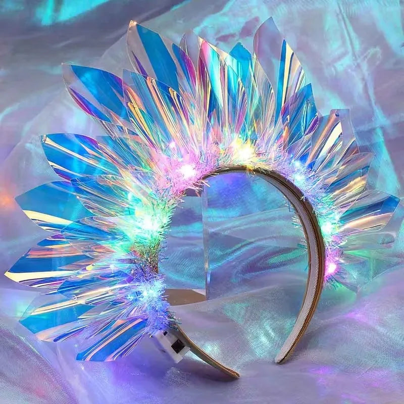 An LED glowing headband featuring a vibrant, iridescent, fan-like structure for parties and cosplay.