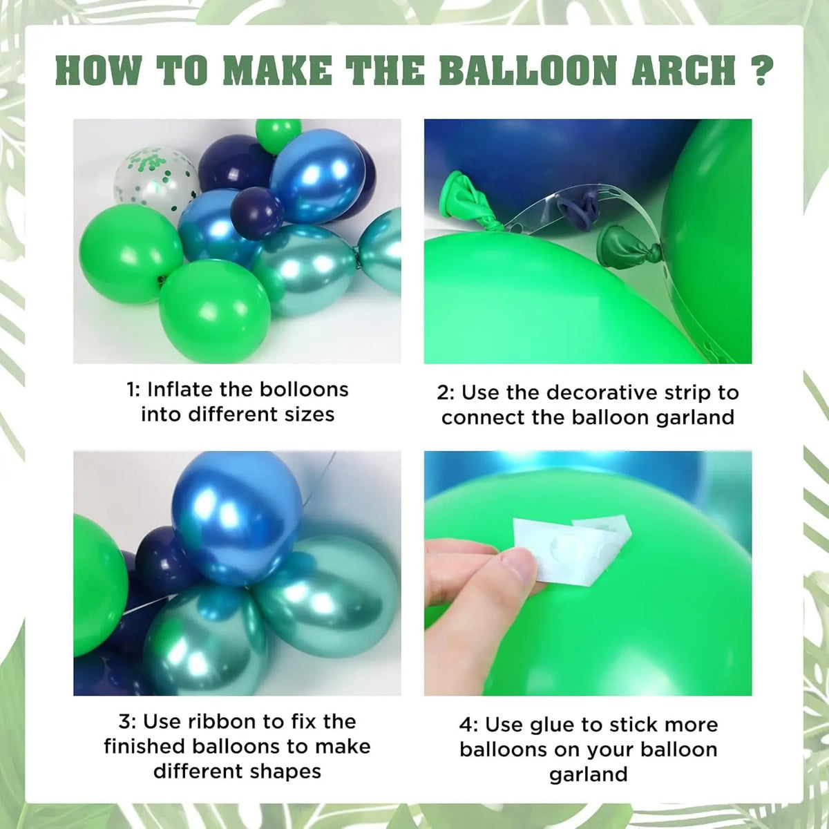 Instructions for making a balloon arch showing steps like inflating balloons and using ribbon to connect them