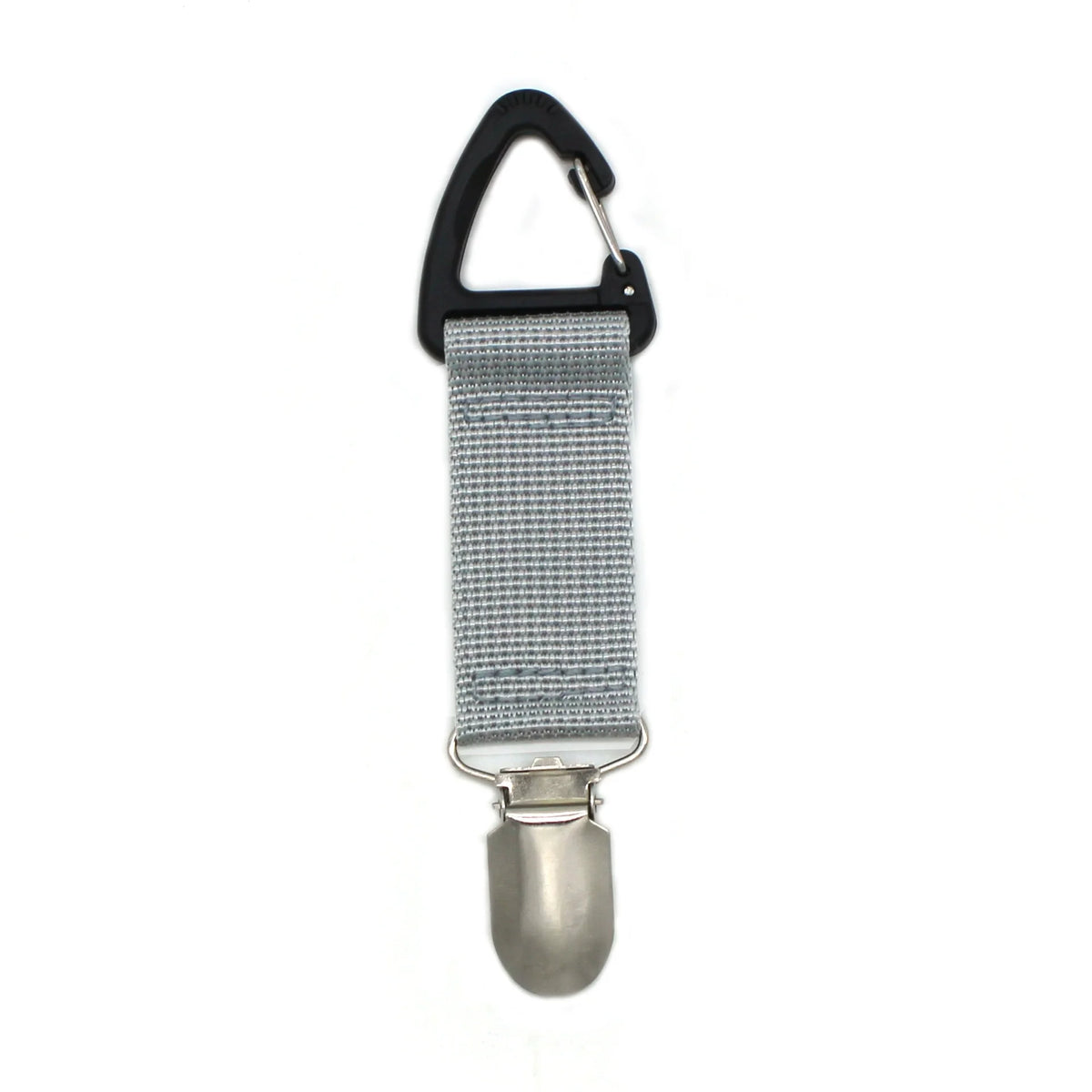 A black clip with a silver metal attachment is shown, designed for portable straw hat use.