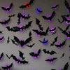 A wall covered in black bat decals illuminated by colorful LED lights.