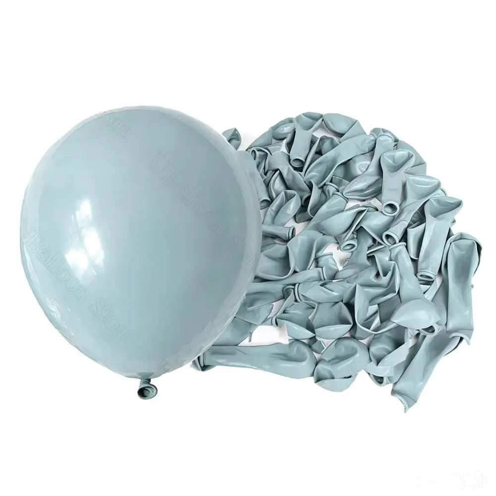 A bunch of light blue latex balloons is shown next to a single pale blue balloon.