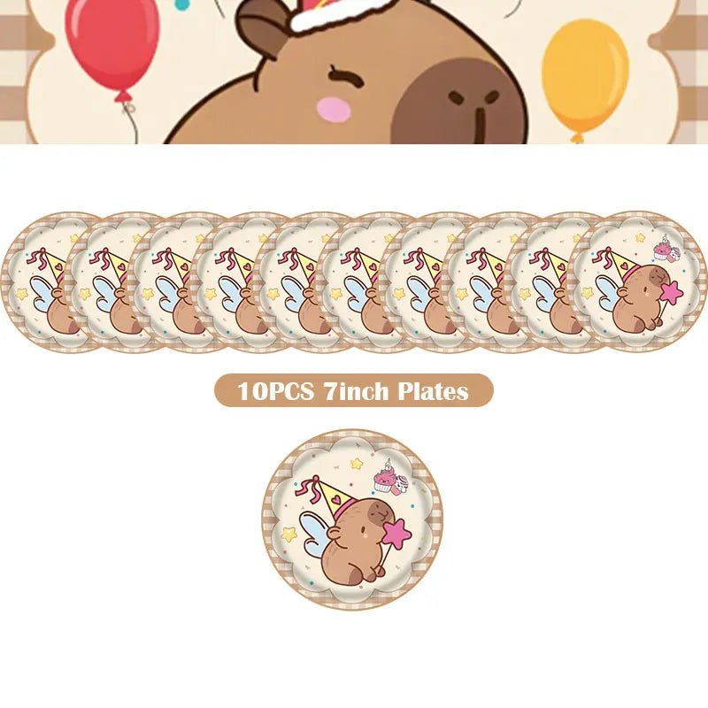 A set of ten decorative plates featuring a happy capybara design for birthday parties.