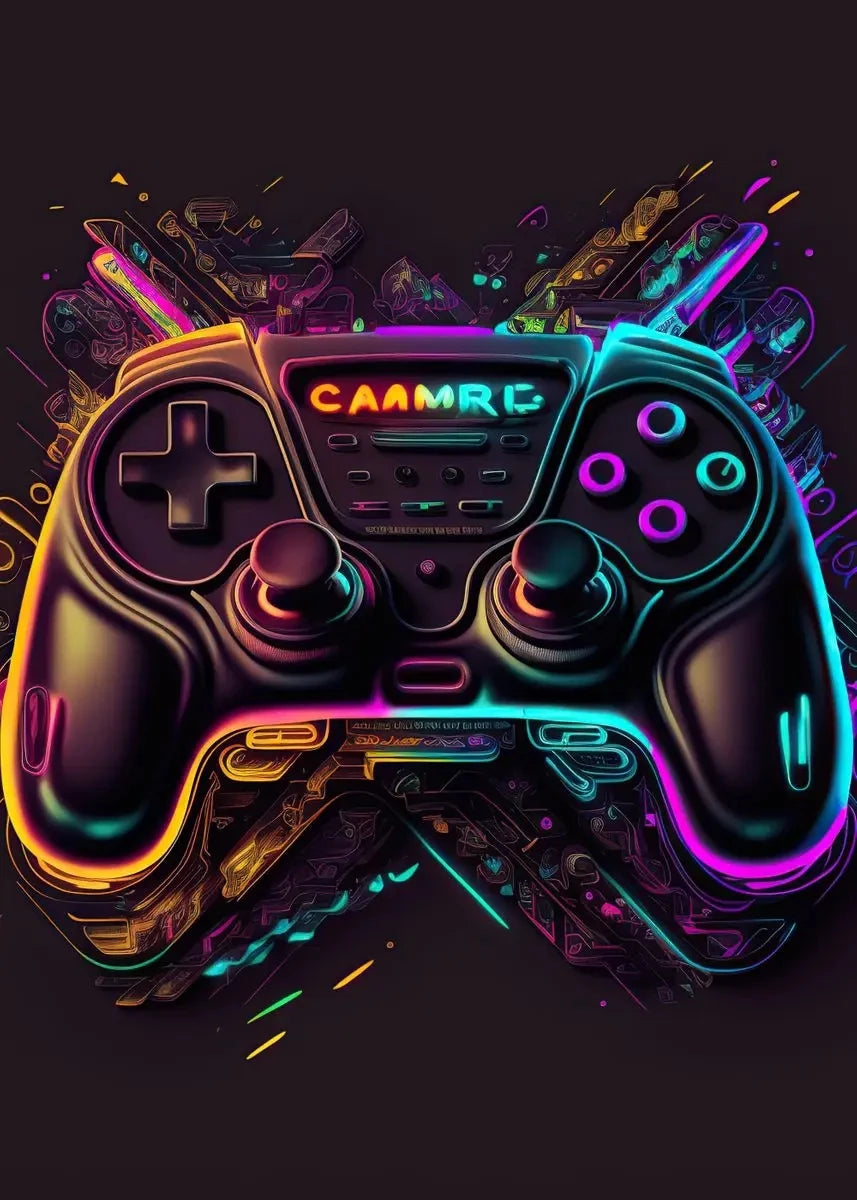 A black gaming controller with neon purple and cyan accents is displayed against a dark background.