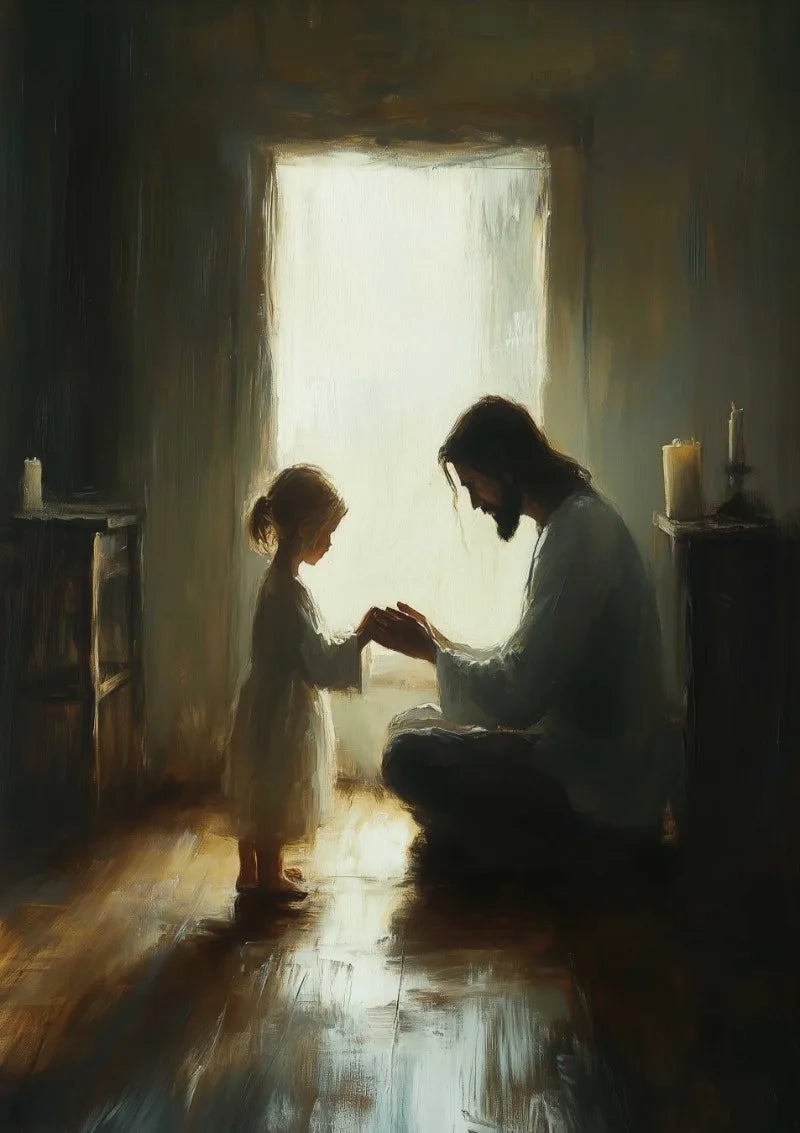 A painting depicting a man and a child reading together in a dimly lit room with bright light streaming through a window.