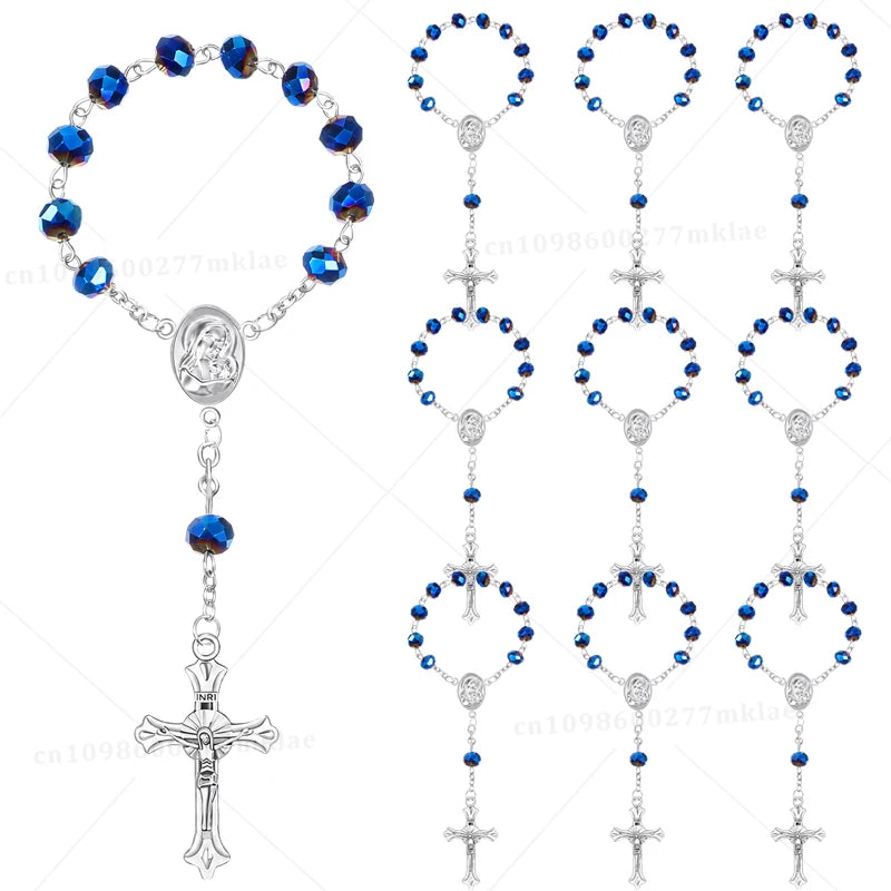 Mini baptism rosary favors with cross in assorted styles featuring silver and blue beads