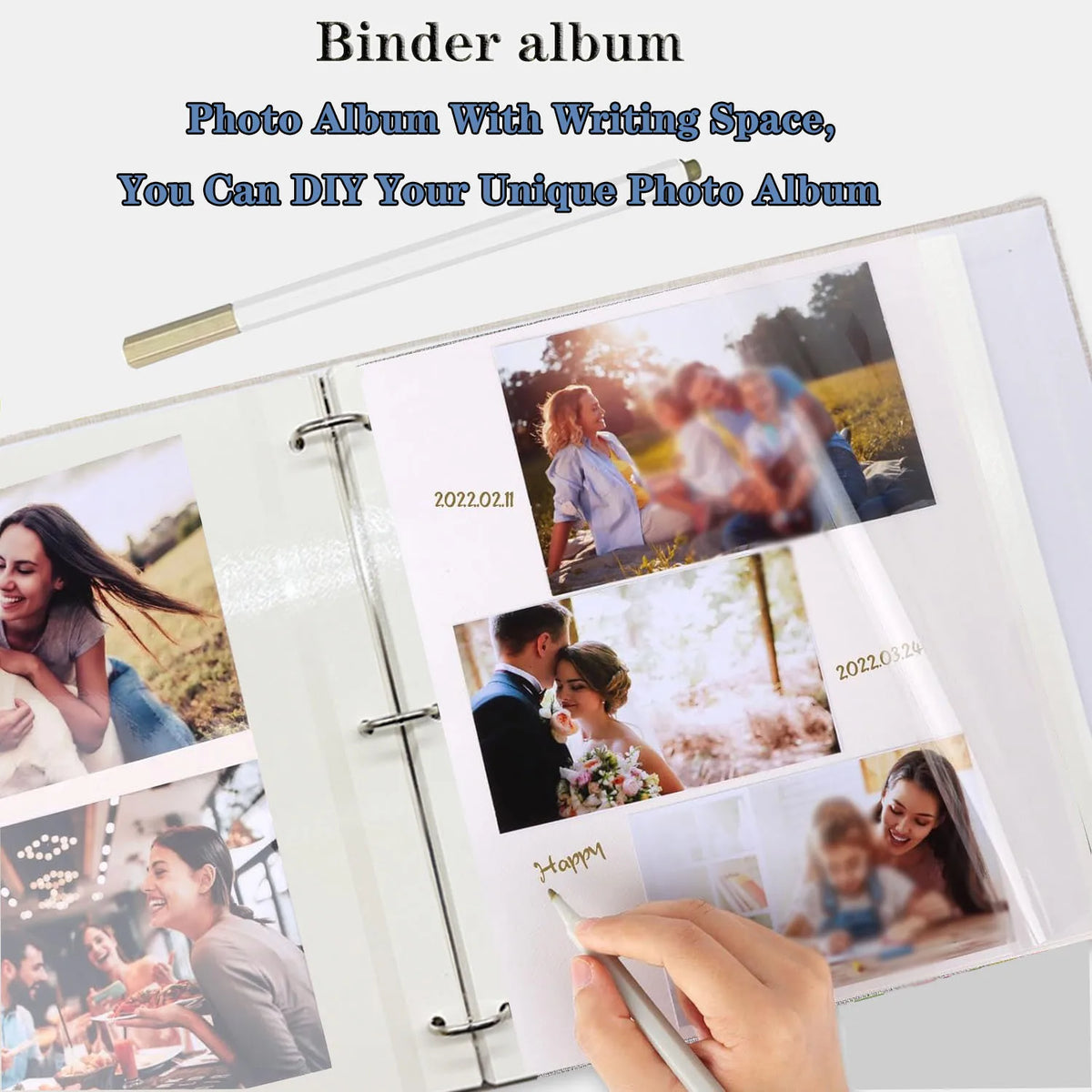 A binder album with photos and writing space is shown, featuring various candid pictures.