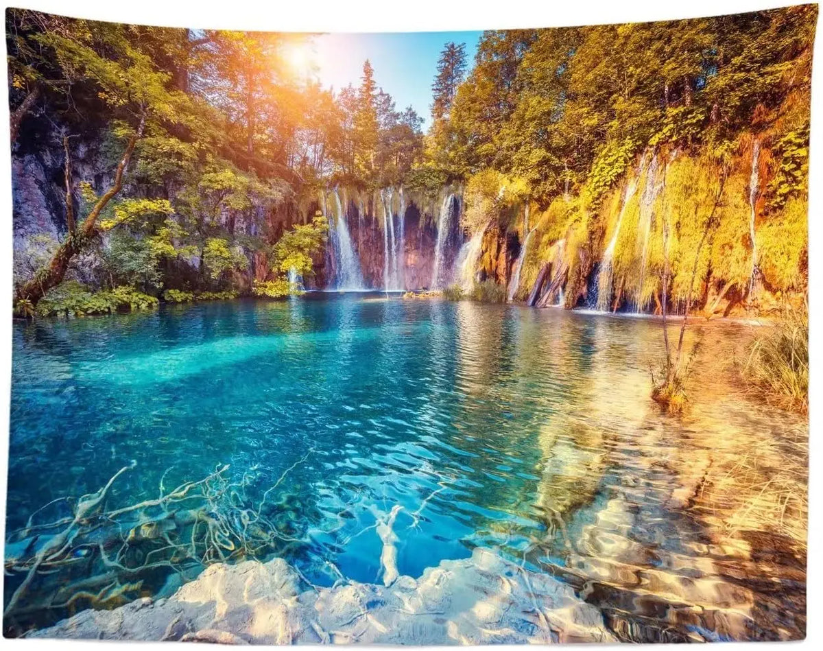 Panoramic waterfall rainforest tapestry featuring vibrant green foliage and cascading water in a lush forest setting.