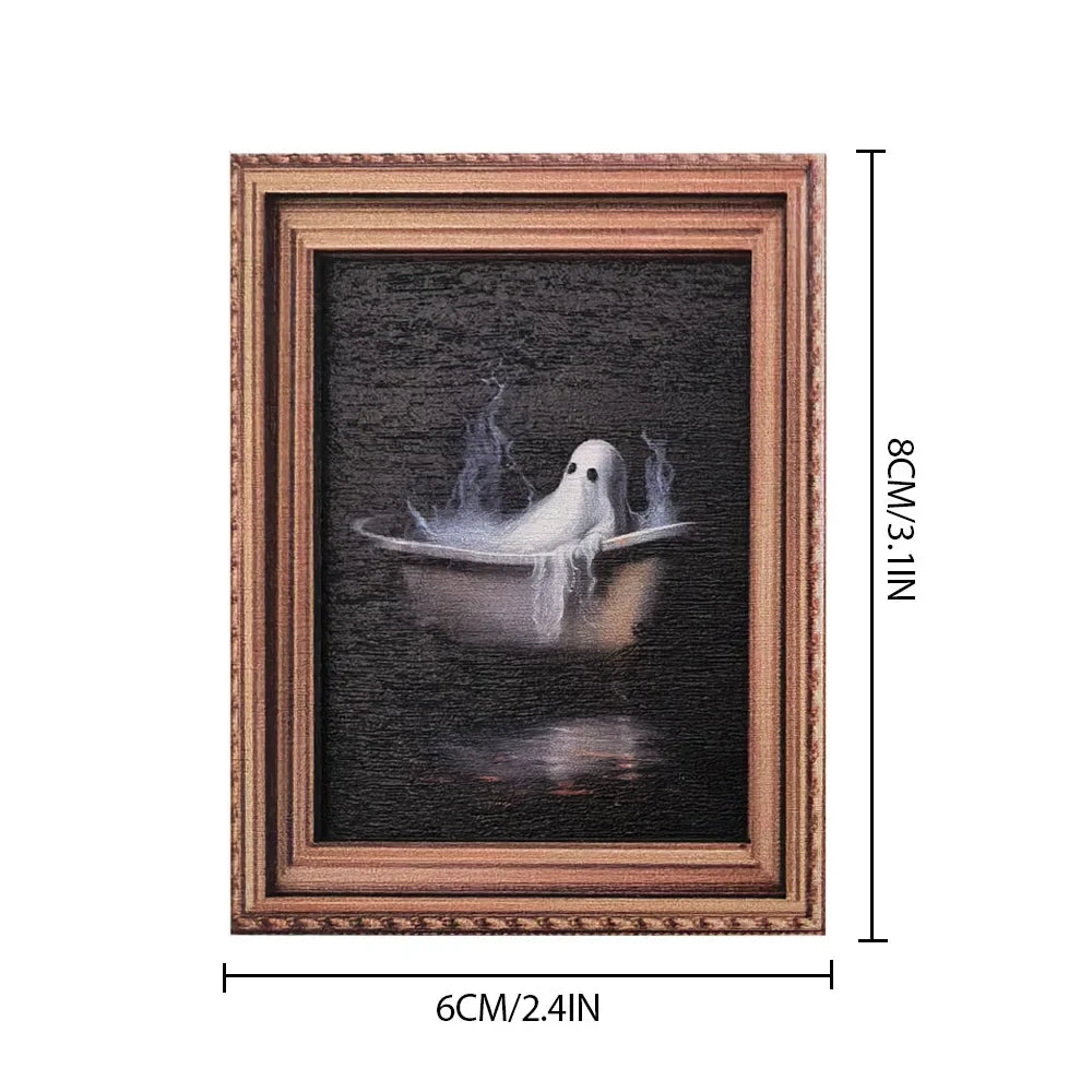 A framed picture featuring a white ghost floating above dark water, used as Halloween decor.