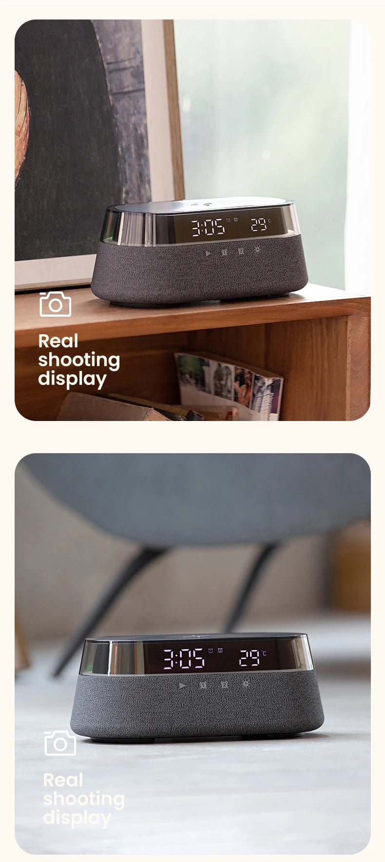 A black wireless charging speaker lamp with a digital display showing time and temperature is placed on a wooden surface.