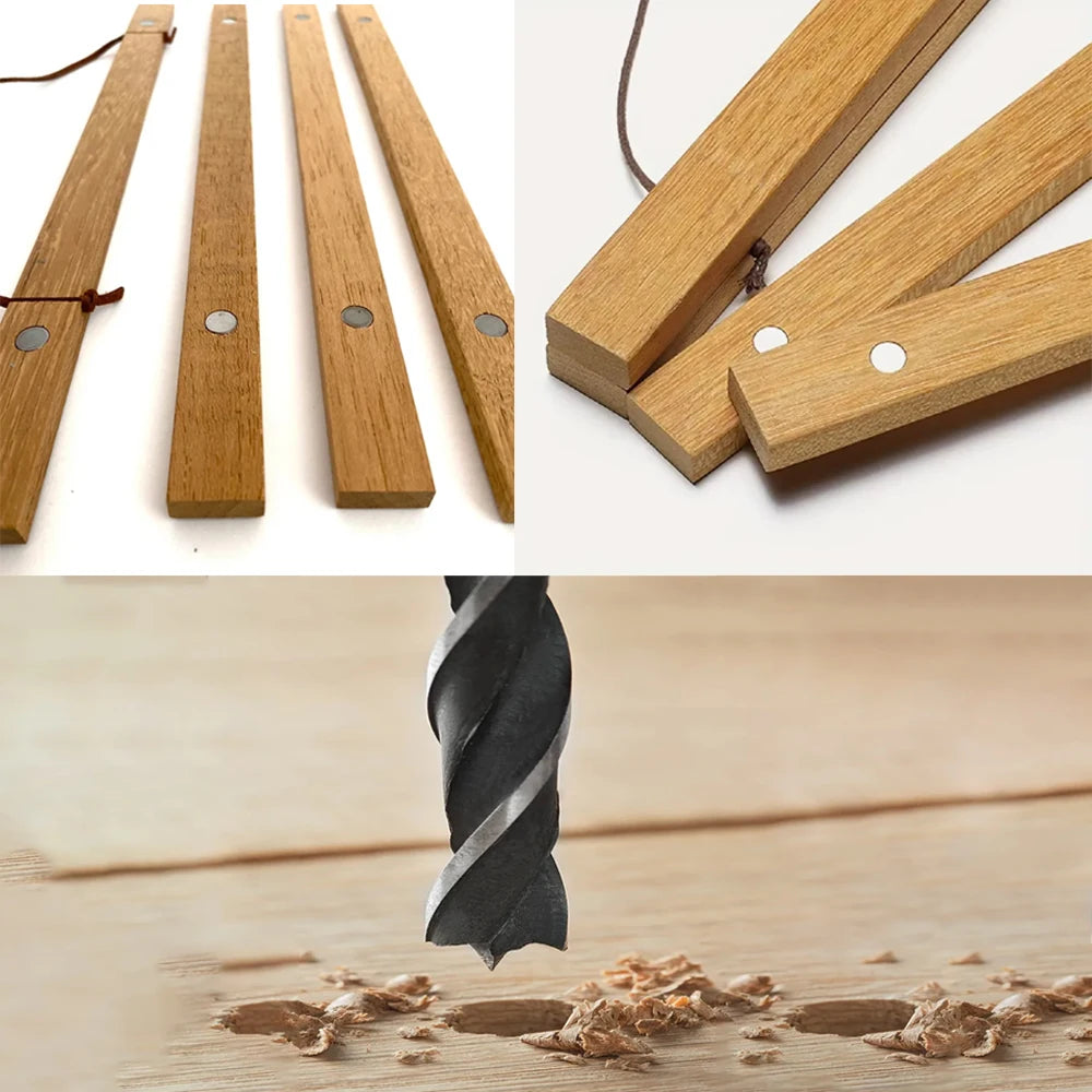 Natural teak wood magnetic poster frame with wooden strips and fasteners displayed on a wooden surface.