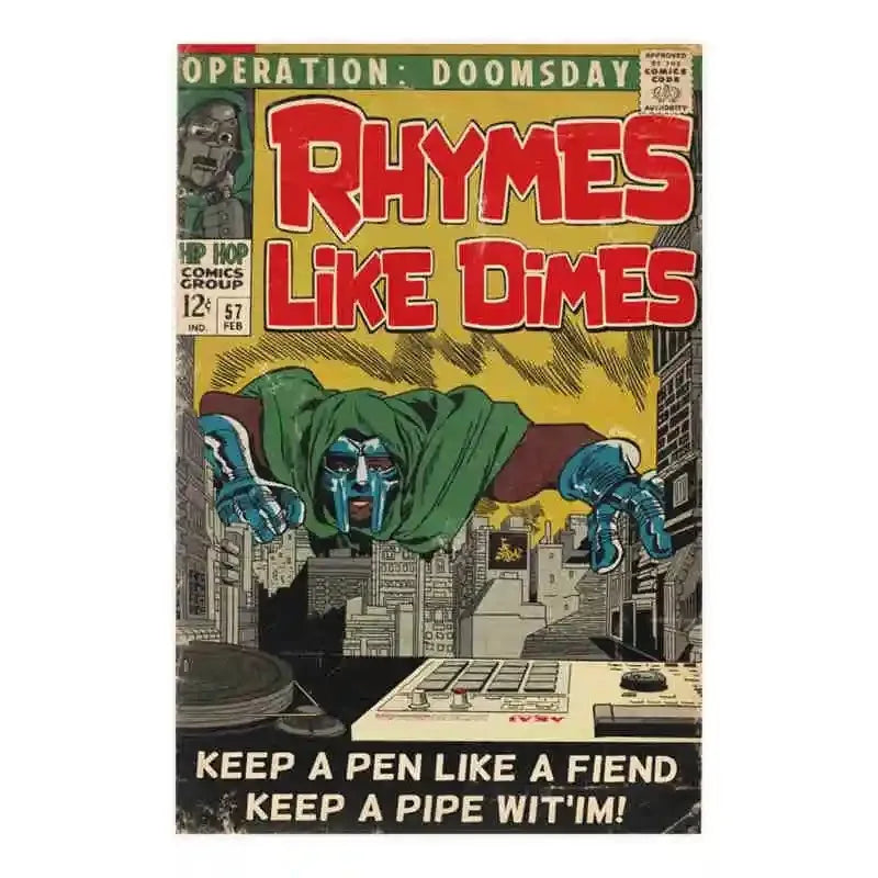 A vintage comic book style poster titled Rhymes Like Dimes featuring a green-skinned figure and a skull design.