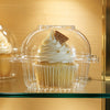 A clear glass cupcake box filled with a white frosted cupcake and a wafer cookie.
