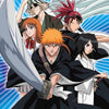 Anime Bleach-Charaktere in dynamischer Pose mit Schwertern und fließendem Stoff auf blauem Hintergrund