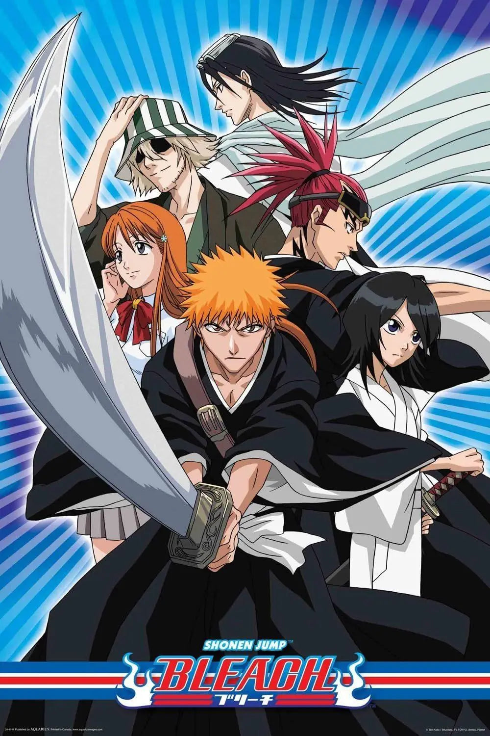 Anime Bleach-Charaktere in dynamischer Pose mit Schwertern und fließendem Stoff auf blauem Hintergrund