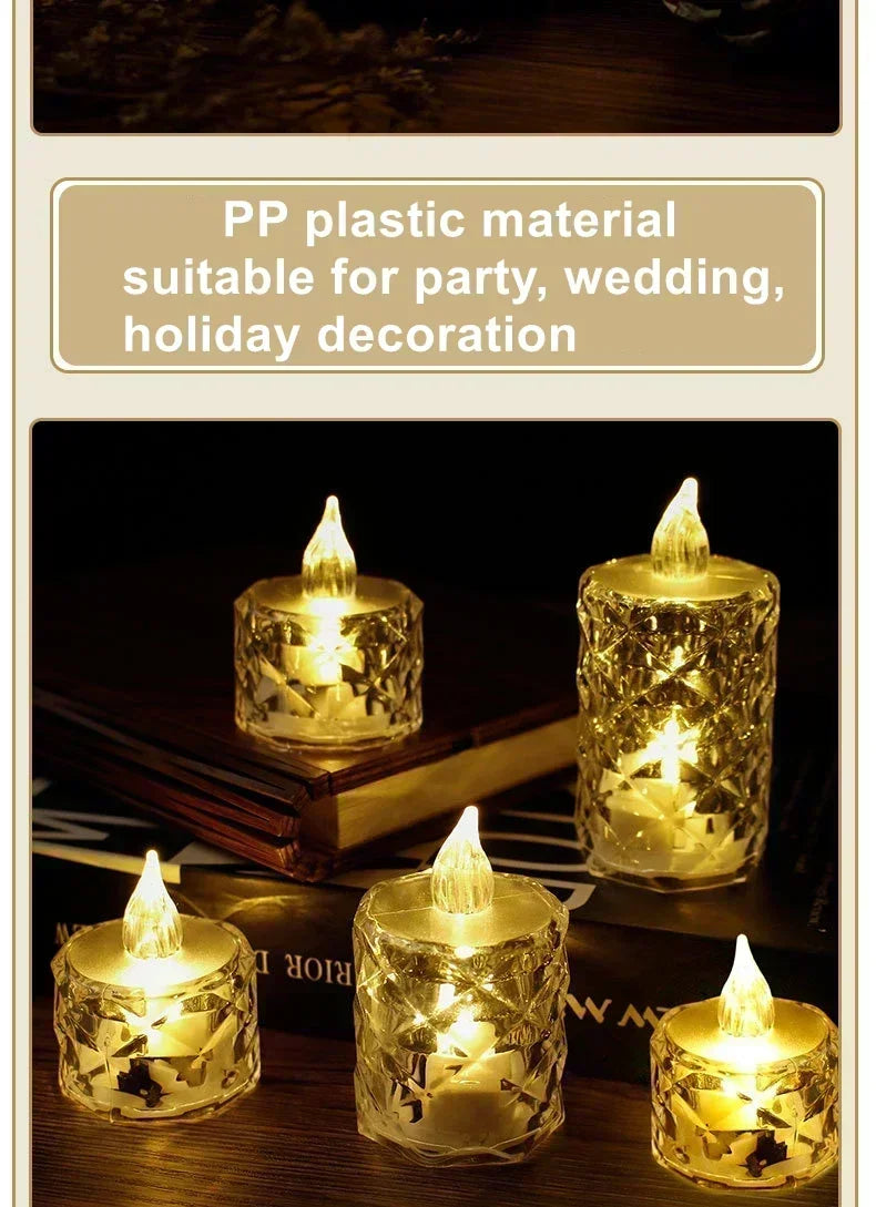 A set of clear glass crystal candles with realistic flickering LED lights displayed on a wooden surface.