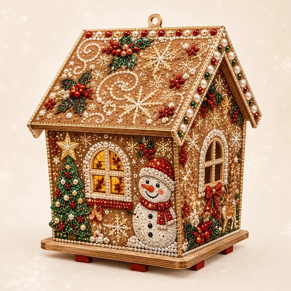 A detailed craft kit of a wooden cabin decorated with Christmas elements like snow, holly, and festive lights.
