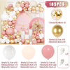 A set of 105 pink and gold latex balloons in various sizes including 5 inch, 8 inch, and 12 inch with bow ribbons for celebra