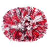 A cluster of vivid red and silver crinkled foil pom poms with handles.