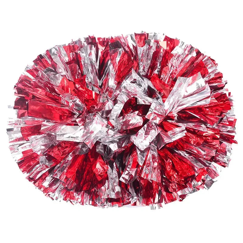 A cluster of vivid red and silver crinkled foil pom poms with handles.