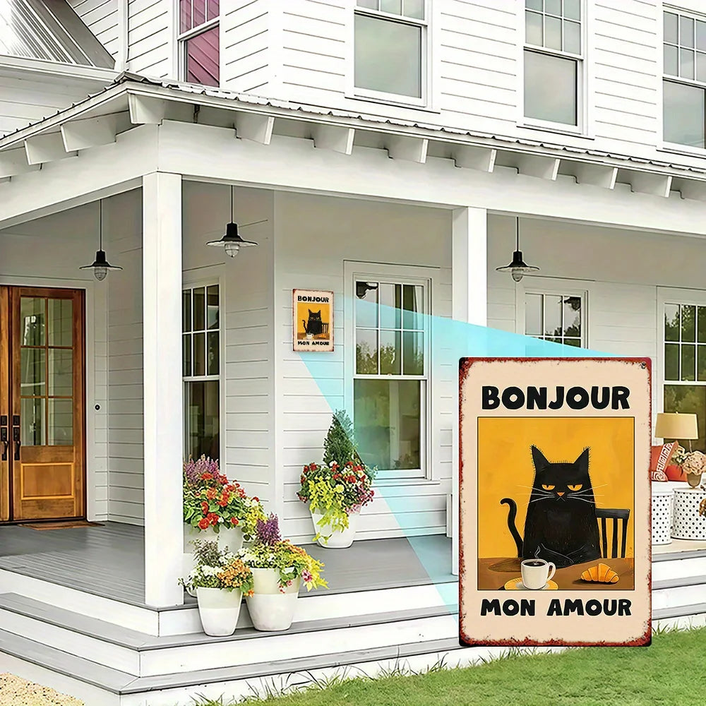 Panneau d'art mural français vintage avec un chat noir assis sur une chaise sur fond jaune.