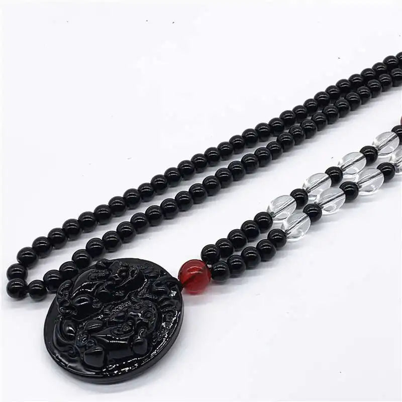 Amitabha Buddha Carved Obsidian Pendant Necklace