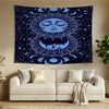 A dark blue banner featuring a stylized sun and moon design with intricate celestial patterns.