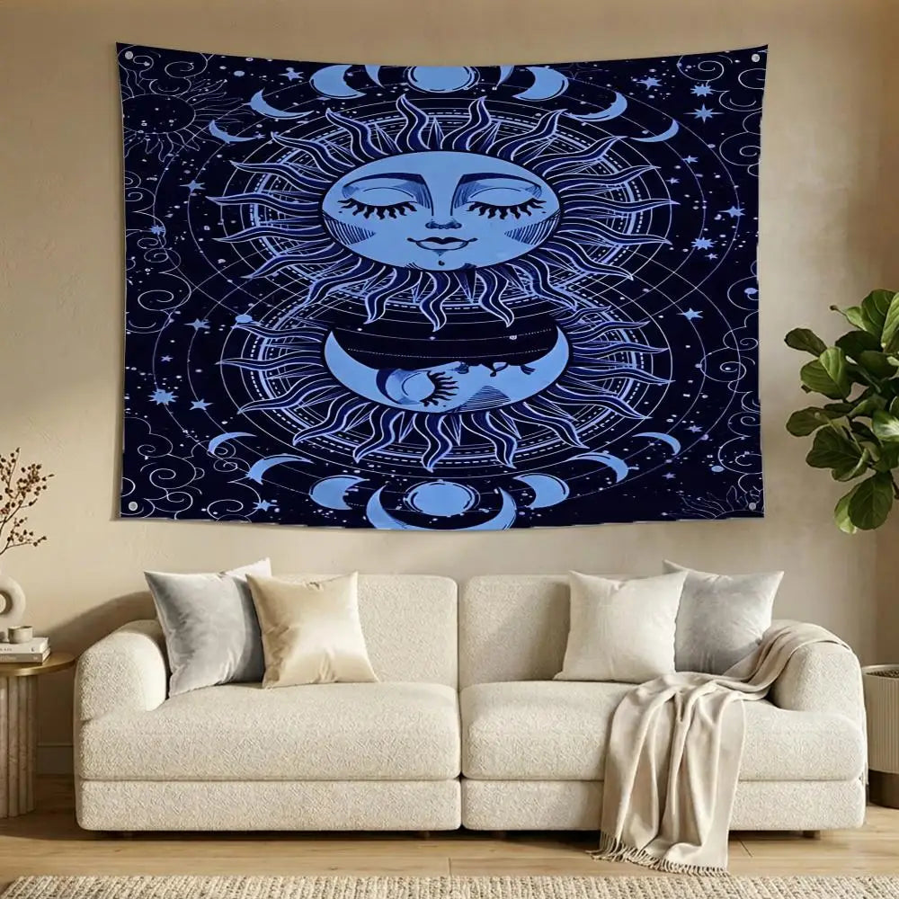 A dark blue banner featuring a stylized sun and moon design with intricate celestial patterns.
