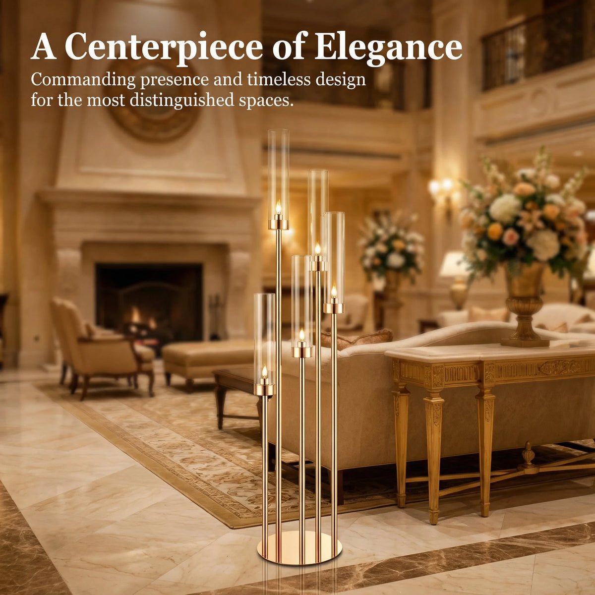A tall, multi-armed gold LED candle holder displayed on a polished marble floor in an elegant interior.