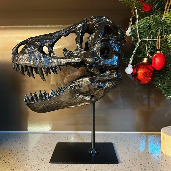 A realistic dinosaur skull resin sculpture displayed on a black stand.