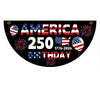 Black banner design celebrating America's 250th birthday with patriotic elements like the US flag and fireworks.