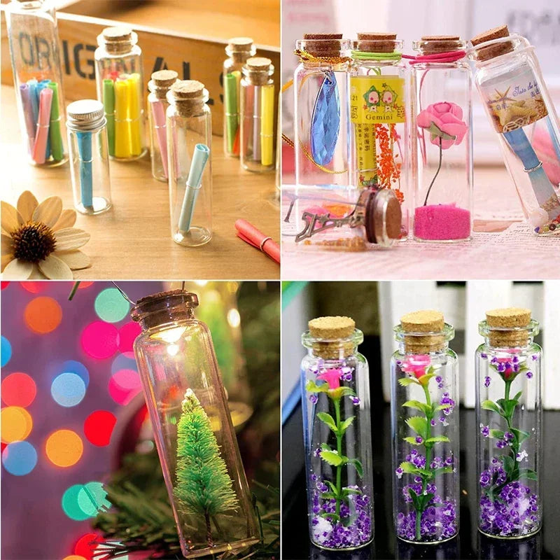 A collection of glass cork stoppers in various colors and designs used for DIY decor.