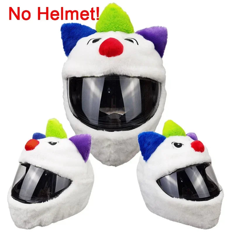 A white cartoon plush helmet cover with purple and blue ears and a red nose.