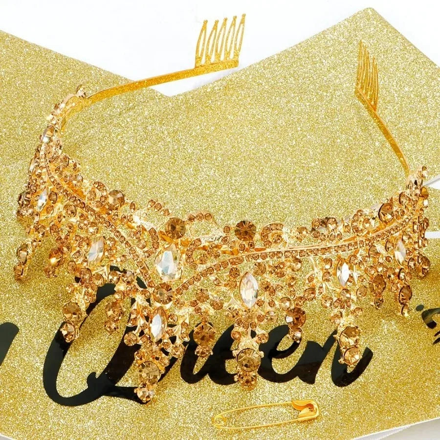 Gold glitter birthday queen sash and tiara set with rhinestone embellishments