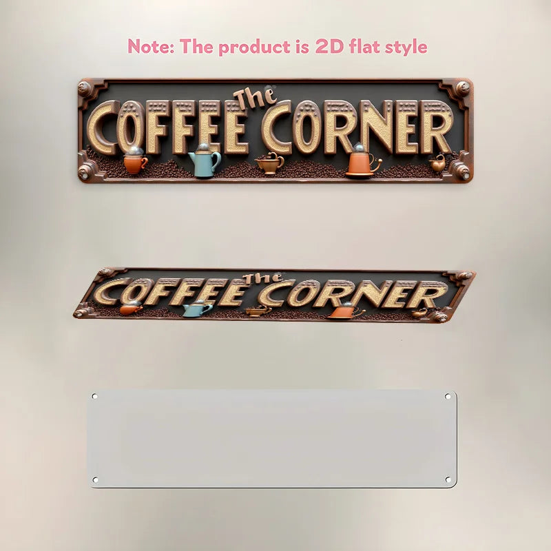 Zwei Vintage-Metallwandschilder im 2D-Stil mit dem Text „The Coffee Corner“ und verschiedenen Kaffeethemen.