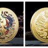 A round gold commemorative coin featuring a Chinese dragon and phoenix design.